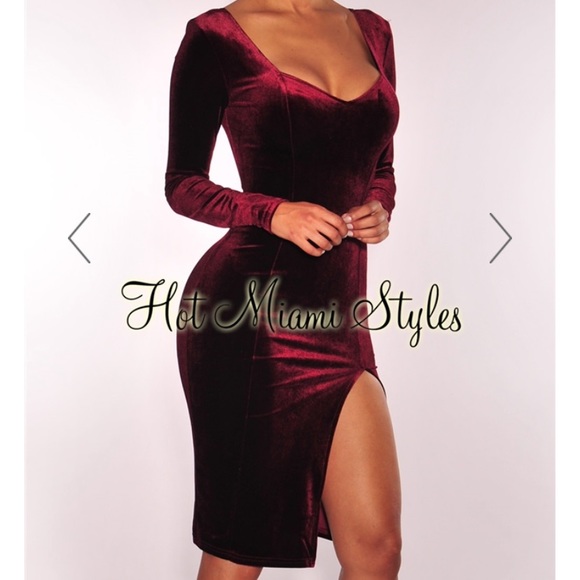 Hot Miami Styles Maroon Velvet Bodycon Dress with Slit NYE size 2-4 - Picture 1 of 4